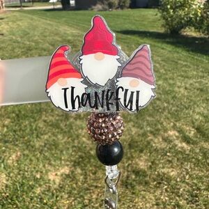 Thankful Gnome Badge Reel with Black and Gold Beads